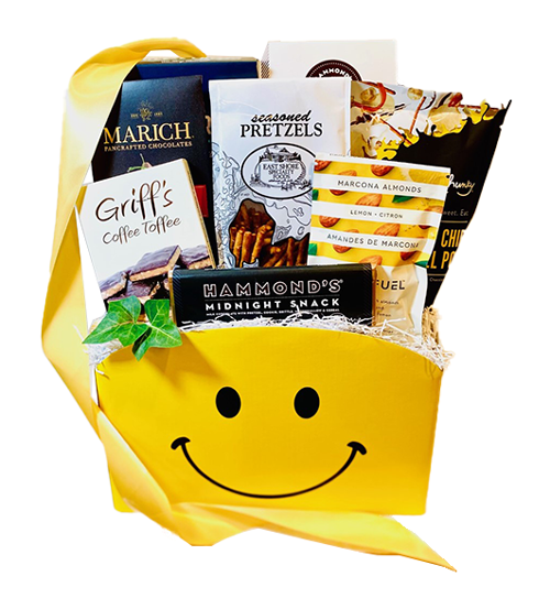 Brighten someones day with this Smiling Gift Box  Your gift will be filled with an assortment of our most popular items, cookies, cheese crisps, pretzels, popcorn, nut mixes, and assorted chocolates.  This gift is perfect for all occasions.