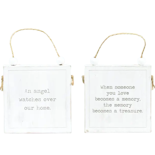 This reversible wood hanging sign with a beaded hanging twine, offers 2 unique messages. Designed to memorialize and pay tribute to a loved one. Sized at 4x4x1 fits perfectly in the front on any gift basket to display the message to the recipient.