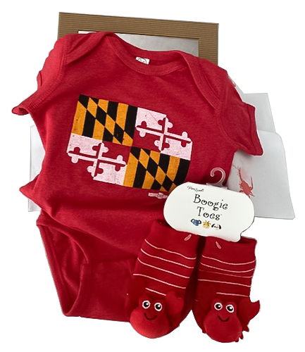 What better way to introduce  the newest addition to your Maryland family.  This Maryland Flag onesie and rattle crab socks will become the favorite outfit.