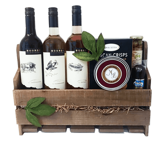 Made from reclaimed pallet wood, this wine bottle and glass rack makes a great gift or addition to any home or office. Holds 5 standard wine bottles and wine glasses.  Your gift will feature a variety of 3 bottles from the vineyard of your choosing, wine cheese, crackers, olives and sausage.  Great Party Gift, Move-In, or Wedding gift.  Your gift will be wrapped in a clear cello with a coordinating bow.