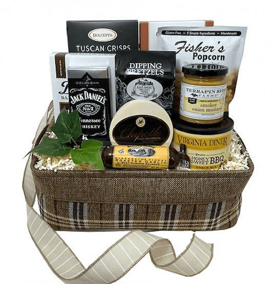 This classic styled gift basket designed in a burlap tweed basket fits perfectly for any occasion. It’s classic, it’s modern, it’s bold and it’s back.  Your snack basket filled with open and eat items crackers, brittle, popcorn, cookies, chocolates, pretzels, cheese, sausage, nuts and dipping mustard.