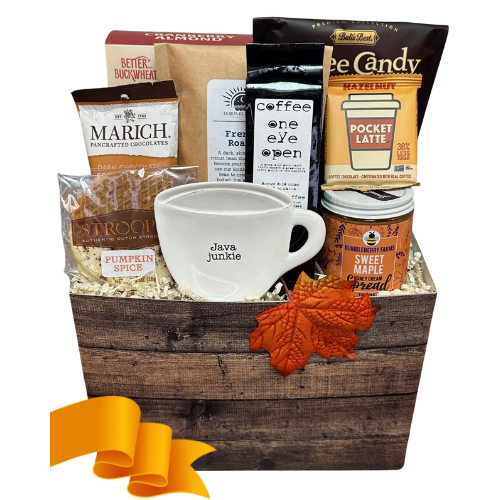 Artisan crisps, sweet honey cream spread, assorted coffees, hard candies, swoffle waffle, chocolate Espresso Beans,  a Pocket Latte for a quick pick-me-up and a coffee themed spoon rest.
