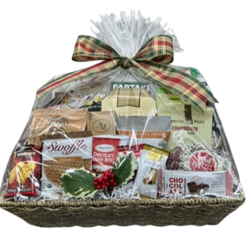 This crowd pleaser will be happily shared with perfectly portioned snacks! Thoughtfully hand curated to satisfy all, sweet, savory, and hearty treats have been scaled into sizes for nearly any group. A mix of grab and go items including cheese crisps, crackers, assorted chocolates, truffles, popcorns, snack nut mixes, cookies, caramels, pretzels, espresso bean chocolates, toffees, ginger chews, and so much more. Perfect for an on-the-go office and sales staff.
