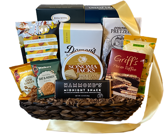 This crowd pleaser will be happily shared with perfectly portioned snacks! Thoughtfully hand curated to satisfy all, sweet, savory, and hearty treats have been scaled into sizes for nearly any group.  A mix of nuts, cheese, crackers, breadsticks, pretzels, chocolates, cookies, crackers, sausage and dipping mustard. Your gift will be wrapped in clear cello wrap with a festive bow.
