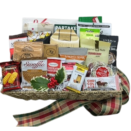This crowd pleaser will be happily shared with perfectly portioned snacks! Thoughtfully hand curated to satisfy all, sweet, savory, and hearty treats have been scaled into sizes for nearly any group.  A mix of grab and go items including cheese crisps, crackers, assorted chocolates, truffles, popcorns, snack nut mixes, cookies, caramels, pretzels, espresso bean chocolates, toffees, ginger chews, and so much more. Perfect for an on-the-go office and sales staff.