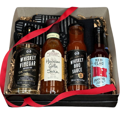 Includes 3 unique grilling/marinades and a Black Eyed Susan Spice Hot Sauce, along with a Heat Resistant Grilling Glove. Whiskey Vinegar 8.4oz and Whiskey BBQ Sauce 8.4 oz, Stonewill Kitchen Grille Sauce 11 oz and Red Flag Hot Sauce 5 oz. Black Fabric Glove (1) Eoffers easily grip all your items with the ultimate no slip silicone strips. The cotton-lined interior and glove flexibility provide great comfort and extends high up the wrists for extra protection.  Your gift will be boxed and bowed.