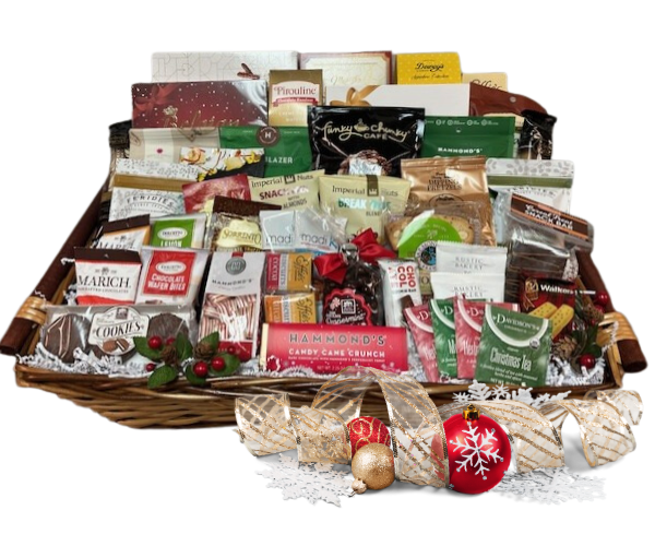 Go Big or Go Home with this deluxe office share gift basket. Perfect for a large group to share with enough items for a group of 20+. Includes all open and eat items, grab and goes, individually wrapped items. - cookies, chocolates, teas, coffee, hot cocoas, hard candies, popcorns, nut mixes, pretzels, toffee, caramels, brittle, cheese crisps, savory snack mixes, biscotti, and the list goes on.