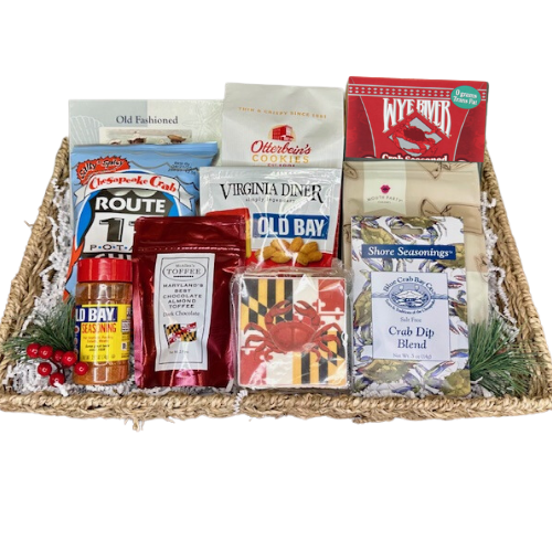 Maryland flavor OVERLOAD! This deluxe Taste Of Maryland will send your recipient over the top. Your basket will be filled with Maryland pride, Old Bay nuts, Crab Crispery Cake, Otterbein Cookies, Salt Water Taffy,Mouth Party Caramels, Fisher’s Popcorn, Maryland Toffee, Chesapeake Crab Chips, Seasoned Cheese Straws, and we can't leave out an Old Bay Seasoning Shaker. Your gift will be wrapped in a clear cello with a Tie Bow.
