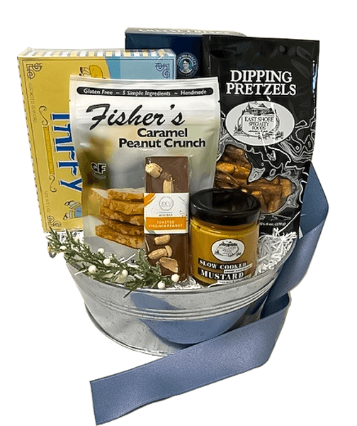 This Sweet and Savory Eastern Shore Treats Gift Basket will ‘Shore’ to Please.  Filled with irresistible snacks, Cheese Crisps, Fisher’s Caramel Peanut Crunch, Salt Water Taffy, Dipping Pretzels, with Dipping Mustard, and an artesian Chocolate Bar.  Your Gift will be Wrapped in a Clear Cello with a Festive Bow.