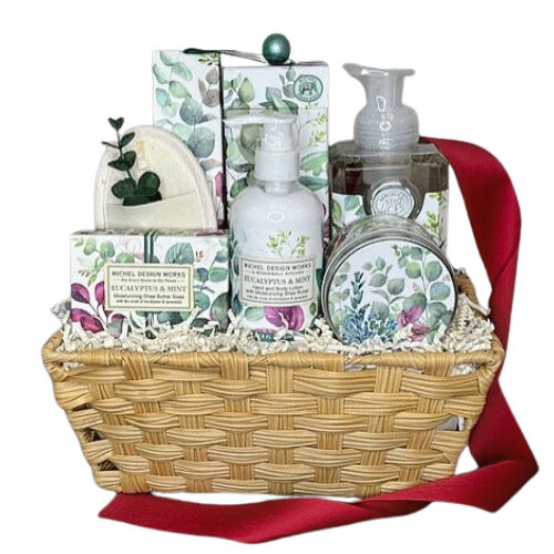Pampering someone who is in need of some TLC.  This spa gift set includes Hand and Body Lotion, Moisturizing Shea Butter Soap, a Soy Candle, Loofah, Hand Cream, and Foaming Soap.  Offering three unique scents.
Choose your Collection Eucalyptus and Mint gives a breath of fresh air, our eucalyptus mint  is extra soothing due to its shea butter and aloe vera formula. The cooling aromas of green eucalyptus and spearmint are sweetened with subtle drops of orange and geranium.