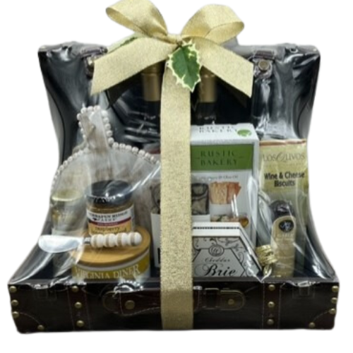 Show your appreciate with a hand selected wine collection perfect for an executive, clients and staff.  A decorative gift trunk filled with 4 bottles of Boordy Vineyard Wines, a beaded cheese board with knive, Wine Biscuits, olives, honey raspberry dipping mustard, crackers, cheese, sausage, toffee nuts, chocolates, and more.  A gift that will impress and be remembered. Your gift will be wrapped in clear cello with a coordinating pom bow.