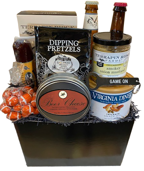 Let's Go Team!  That's right we have team spirit.  Select your favorite team themed football fan basket.  Your gift will include open and eat, sweet and savory items, crackers, cheese, sausage, pretzels, nuts, dipping mustard, 2 regional beers, a football themed bottle opener and foil football chocolates.