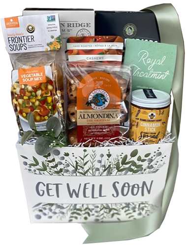 Send them well wishes with the Get Well Soon gift box.  Filled with our favorite comfort items, soup mix, crackers, cheese crisps, nut mix, herbal teas, almondina biscotti and honey spread.  Your gift will be wrapped in a clear cello with a coordinating pom bow.