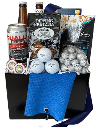 This basket box makes the perfect gift for the golf lover, an tournament gift, or corporate outings.  Designed in a black box with an image area for your corporate or tournament logo.  Any golfer would enjoy this selection including an assortment of regional beers (3), cheese crisps, pretzels, popcorn, chocolate foiled golf balls, and essential golfing accessories, balls, poker chips, tees and towel.  Your gift will be wrapped in a clear cello with a coordinating tie bow.