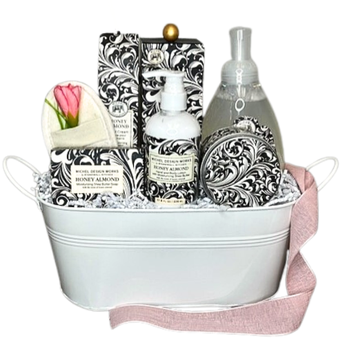 Pampering someone who is in need of some TLC.  This spa gift set includes Hand and Body Lotion, Moisturizing Shea Butter Soap, a Soy Candle, Loofah, Hand Cream, and Foaming Soap.  Offering three unique scents.
Choose your Collection –  Honey Almond has Black and white hues swirl together for a look that’s both classic and stylish. Boasting notes of toasted almonds, sweet cherries, smooth vanilla and a touch of honey.