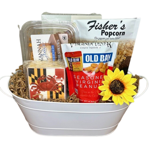 White tin includes Salt Water Taffy, Fisher's Popcorn, Old Bay Cheese Straws, Old Bay Nuts and a Crab themed Crispery Cake.