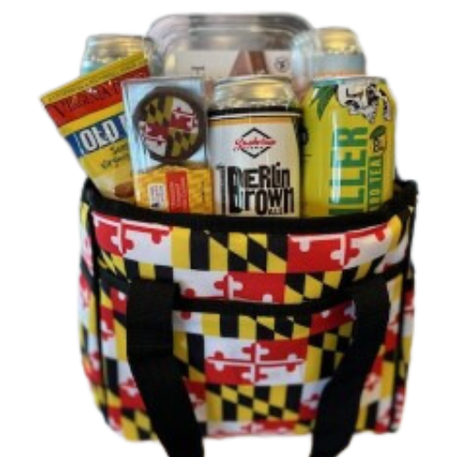 This insulated bag is the perfect size for a sporting event, concert or poolside. Insulated to keep your food and beverages either cold or hot. Size: 9.8″ (L) x 5.1″ (w) x 9.8″ (H).  This gift set includes 4 regional beers, Chesapeake Bay seasoned cheese crisps, Old Bay Peanuts and Maryland themed chocolate cookie trio.  Your gift will be wrapped in a clear cello with a Maryland Tie Bow.