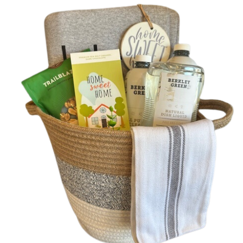Say Congratulation in style, great for a New Home Buyer or Renter. This gift created in a fabric storage cotton bin (12x10) includes a cozy sweatshirt 'HOME' Blanket, 3 eco friendly cleaners (Bathroom, All Purpose & Dish Soap), hand towel, Home Sweet Home ornament, Home Sweet Home Chocolates and Nut Trail Mix.
