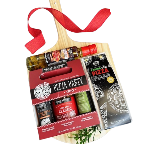 Pizza Night Complete Kit ready to go.  Designed on a 12"x14" Wooded tapered pizza peel, includes Pizza Flour Dough, Pizzolio!, a Spanish extra virgin olive oil is infused with chilis, oregano, and rosemary, Classic Chicago pizza sauce, Parm Pizza dust and Herby Garlic pizza seasoning.  Your gift will be wrapped in a clear cello with a festive tie bow.
