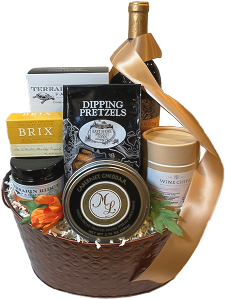 Perfect gift basket for any occasion.  This open and eat sweet and savory basket includes a bottle of red wine, cheese and crackers, wine chips, dipping pretzels, savory jam, and Brix wine chocolate.  Your gift will be wrapped in a clear cello with a coordinating pom bow..