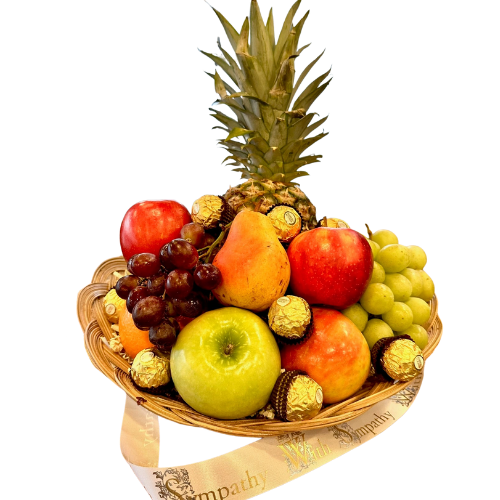 Sending a fresh fruit sympathy gift baskets delivers heartfelt condolences and nutritious snacks to those who need support. Your gift basket will be filled with seasonal fresh fruit, and assorted foiled chocolates in a keepsake basket. Wrapped in a clear cello with a thoughtful with sympathy tie bow.