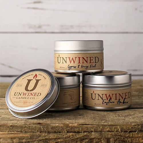 Enjoy your favorite Unwined fragrances on the go with Unwined Travel Tins! 6 ounces of all-natural soy wax. Approximately 20-24 hour burn time.
