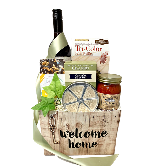 Congratulation on a new home purchase. A perfect move in meal ready to prepare on move in day.  Your gift includes pasta, crackers, pasta sauce,  cheese and chocolates.  A bottle of red to complement your meal.