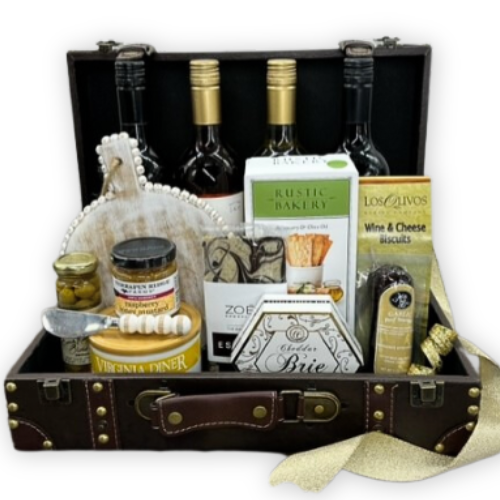 Show your appreciate with a hand selected wine collection perfect for an executive, clients and staff.  A decorative gift trunk filled with 4 bottles of Boordy Vineyard Wines, a beaded cheese board with knive, Wine Biscuits, olives, honey raspberry dipping mustard, crackers, cheese, sausage, toffee nuts, chocolates, and more.  A gift that will impress and be remembered. Your gift will be wrapped in clear cello with a coordinating pom bow.