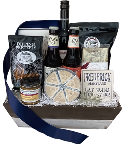 The ultimate happy hour gift in the comfort of your home.  Filled with the finest of Frederick County, including a bottle of Linganore Wine, and assorted Flying Dog Brews (2), Frederick themed stone coaster, Frederick Popcorn House popcorn, Zoe's Chocolate bar, crackers, cheese, dipping pretzels with raspberry honey dipping mustard. Your gift will be wrapped in a clear cello with a coordinating tie bow.
