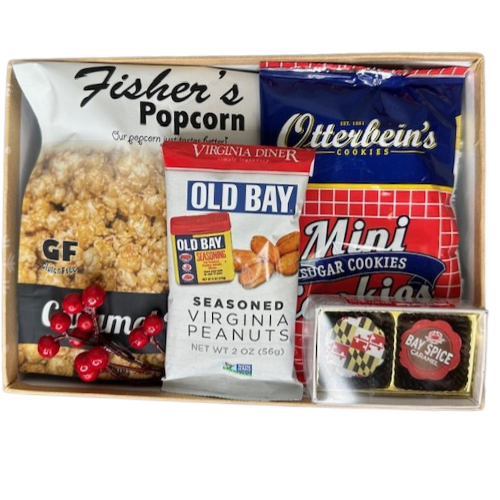 Send The Flavors of Maryland To Those Far Away.  Great Employee Holiday Gift!  Your Gift Box will include Fisher’s Popcorn, Otterbein Cookies, Old Bay Peanuts and Maryland Themed Chocolates. Your gift box will be closed with a clear lid and wrapped with a festive tie bow.